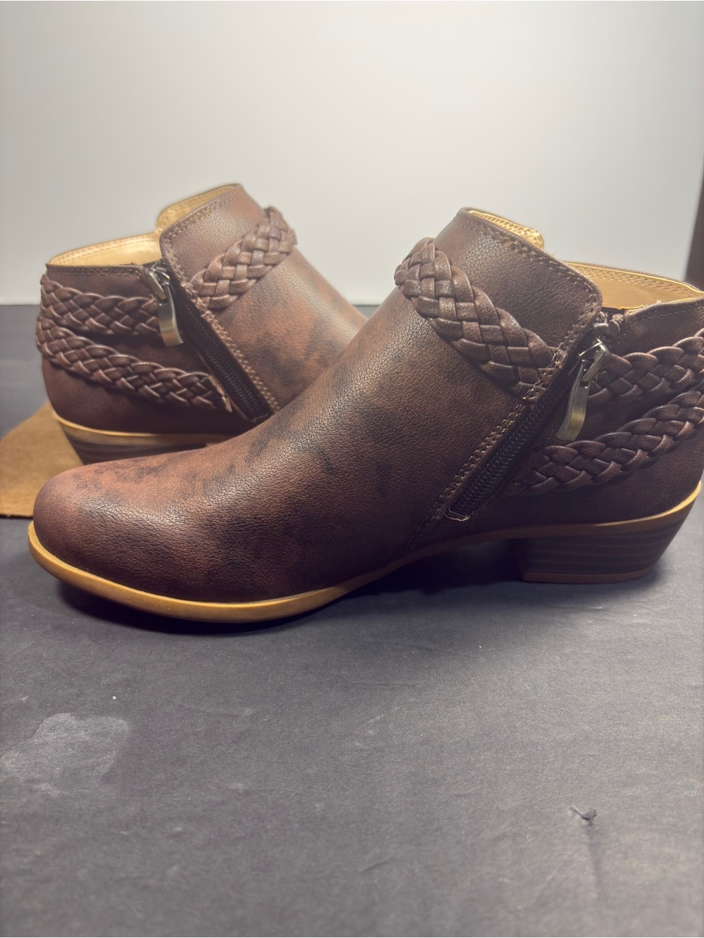 Life Stride Adriana Brown Braided Ankle Boot Buckle Memory Foam Size 8.5 W